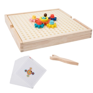 Wooden gear puzzle set for kids featuring colorful gears and tools on white background