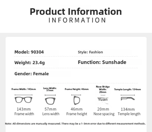 Detailed size chart for rimless metal leopard head sunglasses showing model 90304 dimensions