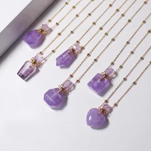 Natural Amethyst Perfume Bottle Pendant Necklace 18K Gold Plated Copper Essential Oil Diffuser Jewelry For Women