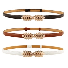 Three minimalist women's PU leather belts in black, brown, and white with gold leaf buckles