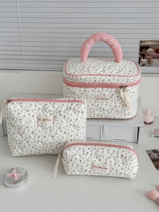 Trousse De Maquillage En Coton Matelassé À Fleurs Organisateur De Voyage Portable Pochette Cosmétique Fermeture Éclair