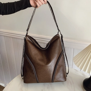 Vintage dark brown large capacity PU leather shoulder bag and backpack for women