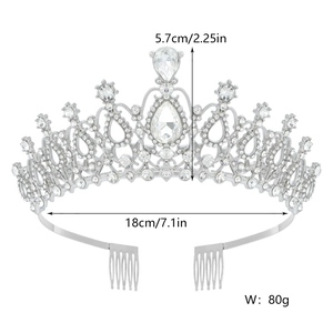 Silver bridal tiara detail with white rhinestones and size specifications 5.7cm height