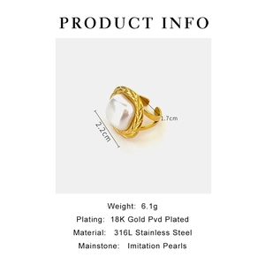 Detailed product info for a 18K gold plated stainless steel ring with imitation pearl
