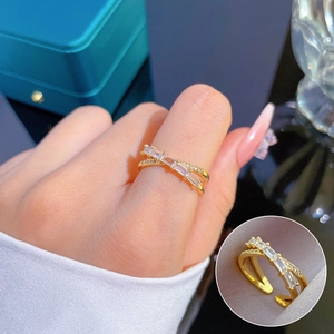 Criss Cross Adjustable Open Ring Gold Plated Brass With Cubic Zirconia Minimalist Fashion Jewelry For Women
