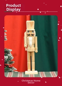 Detail of unpainted solid wood nutcracker soldier with plush white beard and wooden sword