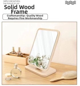Detail of the high-quality solid wood frame and base of a minimalist desktop makeup mirror
