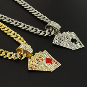 Gold and silver hip hop necklaces with iced out royal flush poker card pendants