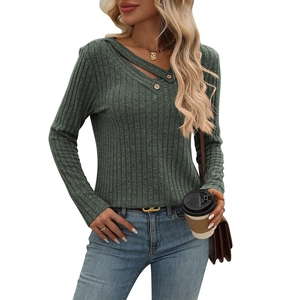 Close-up of ribbed texture and V-neckline with decorative buttons on slim-fit top