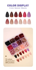 Detail of 360pcs almond nail tips set with 12 colors in a transparent storage box