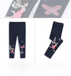 Detail of girls navy leggings featuring fairy embroidery with sequins and mesh wings