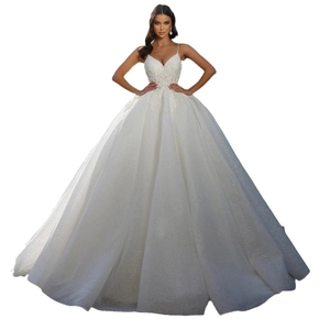 Luxurious white ball gown wedding dress with V-neck straps and exquisite embroidery detailing