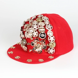 Red Hip Hop snapback baseball cap featuring unique gold star and floral metal studs