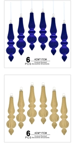 Set of 6 flocked conical Christmas ornaments in deep blue and champagne gold, 4x17cm