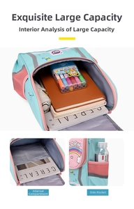 Detailed interior view showing large capacity compartments and side mesh pocket of kids backpack