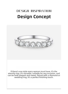 Detailed view of 925 sterling silver seven-stone row ring with moissanite crystals