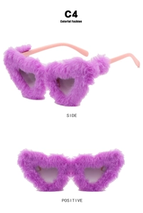 Front and side views of heart-shaped sunglasses with purple faux fur frames and pink arms