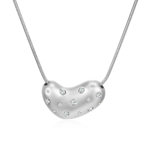 Elegant silver stainless steel snake chain necklace featuring a diamond-set bean pendant