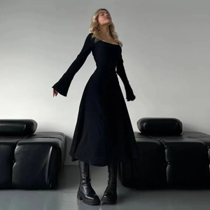Elegant long-sleeve black midi dress with square neck and flared A-line skirt