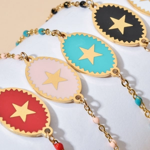 Fashionable gold stainless steel bracelet with colorful star enamel charms and beads