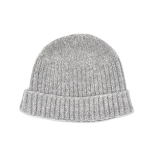 Detailed close-up of grey ribbed knit beanie with thick folded cuff for winter warmth