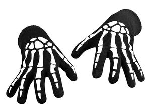 Detail view of black knit skeleton gloves with white bone print and fine textile texture