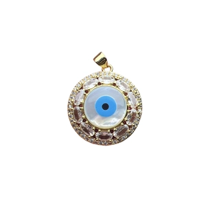Golden evil eye shell pendant with blue center and sparkling zircon circle
