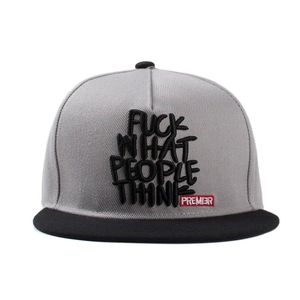 Gray and black snapback cap with Fuck What People Think 3D embroidery and flat brim