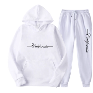 White fleece hoodie and sweatpants set with California print in flat lay view