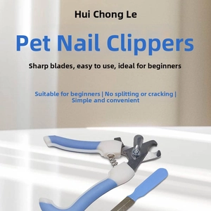 Close-up of stainless steel pet nail clippers and file set with non-slip blue handles
