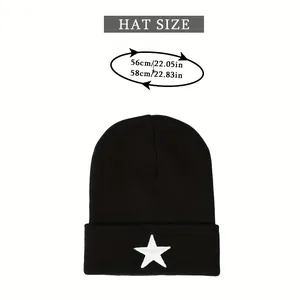 Detailed hat size chart for embroidered star beanie showing 56cm and 58cm circumference