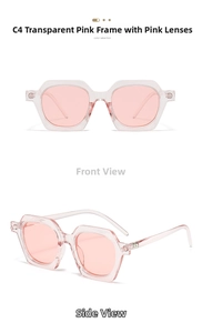 Front and side views of pink translucent polygon sunglasses with matching lenses