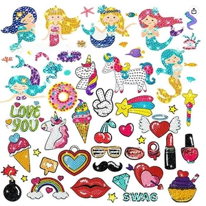 Close-up of DIY 5D diamond painting stickers with mermaid and unicorn designs for kids