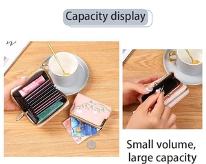 Detail of pink lychee leather phone pouch showing card slots and coin pocket capacity