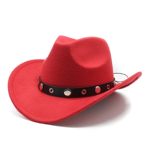 Classic red felt cowboy hat with a black leather studded band and rolled brim design