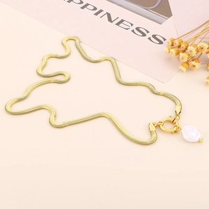 Gold flat snake chain necklace with baroque pearl pendant and OT toggle clasp