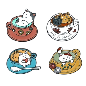 Set of 4 creative cartoon cat and coffee cup enamel pins made of high-quality alloy