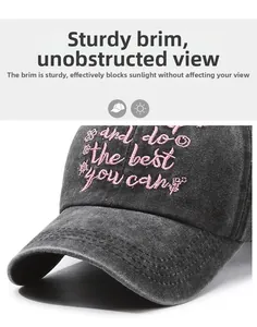 Detail of pink script embroidery on vintage washed dark grey denim baseball cap