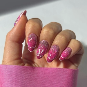 Pink Glitter Almond Press On Nails Hollow French Design White Bow ABS Glossy Fake Nails Fashion For Women