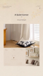 Detail of cream linen texture curtains with monochrome plaid cushions in warm sunlight