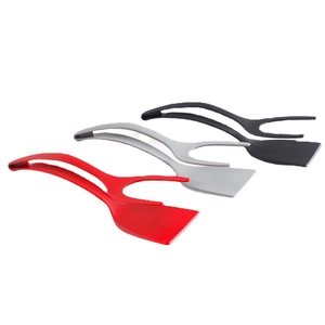 2-in-1 nylon egg spatula and toast tongs in red, grey, and black on a white background