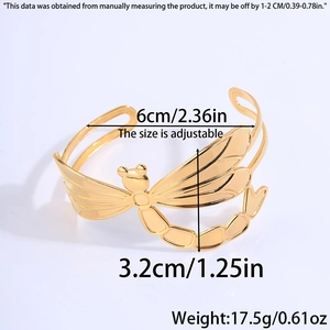 Detailed view of golden dragonfly cuff bracelet with precise size and weight dimensions