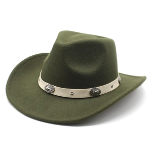 Close-up of deep green felt cowboy hat with vintage silver metal conchos and leather band