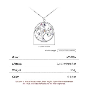 S925 sterling silver tree of life pendant necklace with multi-color gems and dimensions