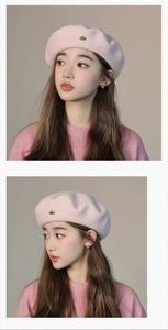 Detailed views of the light pink wool beret showing side and front angles on a model