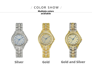 Detailed display of full diamond quartz watches in silver, gold, and two-tone finishes