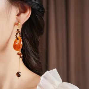 Retro resin tiger eye round drop earrings with long gold chain tassels for women