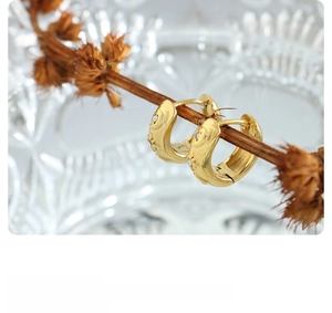 Vue macro de boucles d'oreilles en titane doré avec zircons sur une branche