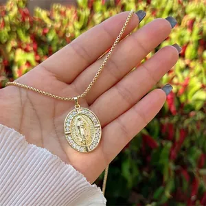 18K gold plated Virgin Mary necklace with crystal halo on box chain for men and women