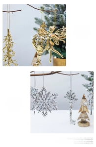 Detailed Christmas ornaments featuring gold reindeer, silver snowflakes and festive bells